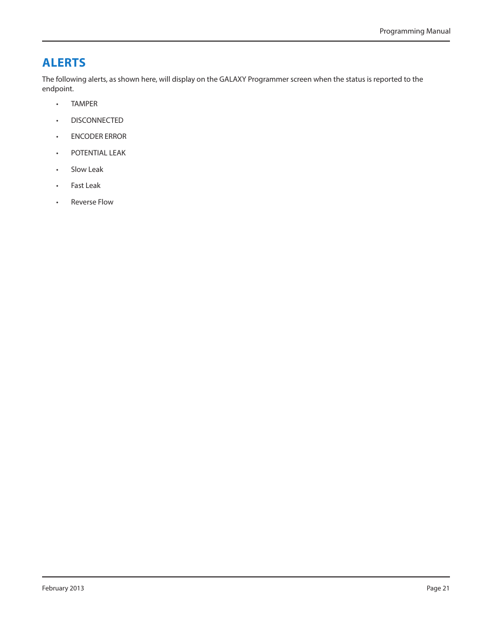 Alerts, Alerts 21 | Badger Meter GALAXY User Manual | Page 21 / 28