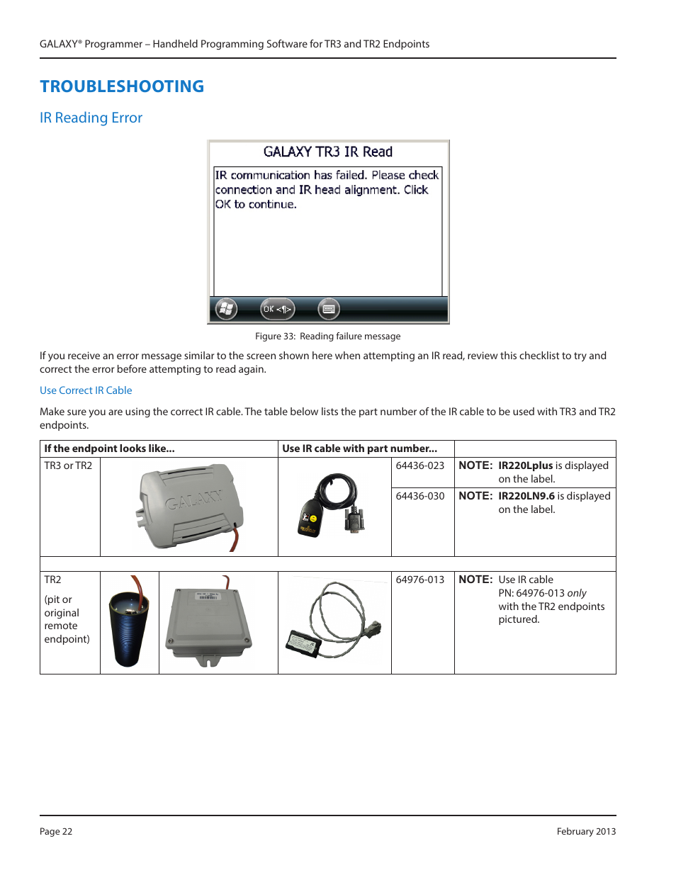 Troubleshooting, Ir reading error, Troubleshooting 22 | Ir reading error 22 | Badger Meter GALAXY User Manual | Page 22 / 28