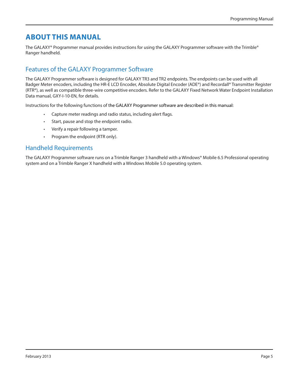 About this manual, About this manual 5, Features of the galaxy programmer software | Handheld requirements | Badger Meter GALAXY User Manual | Page 5 / 28