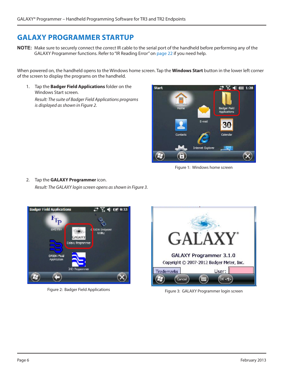 Galaxy programmer startup, Galaxy programmer startup 6 | Badger Meter GALAXY User Manual | Page 6 / 28