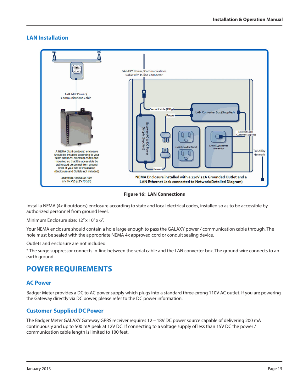 Lan installation, Power requirements, Ac power | Customer-supplied dc power, Ac power customer-supplied dc power | Badger Meter GALAXY User Manual | Page 15 / 20