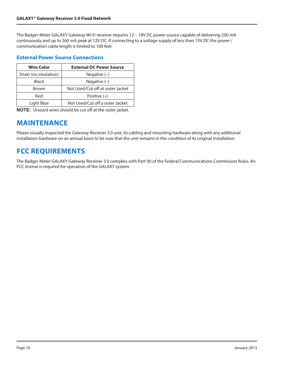 External power source connections, Maintenance, Fcc requirements | Badger Meter GALAXY User Manual | Page 16 / 20