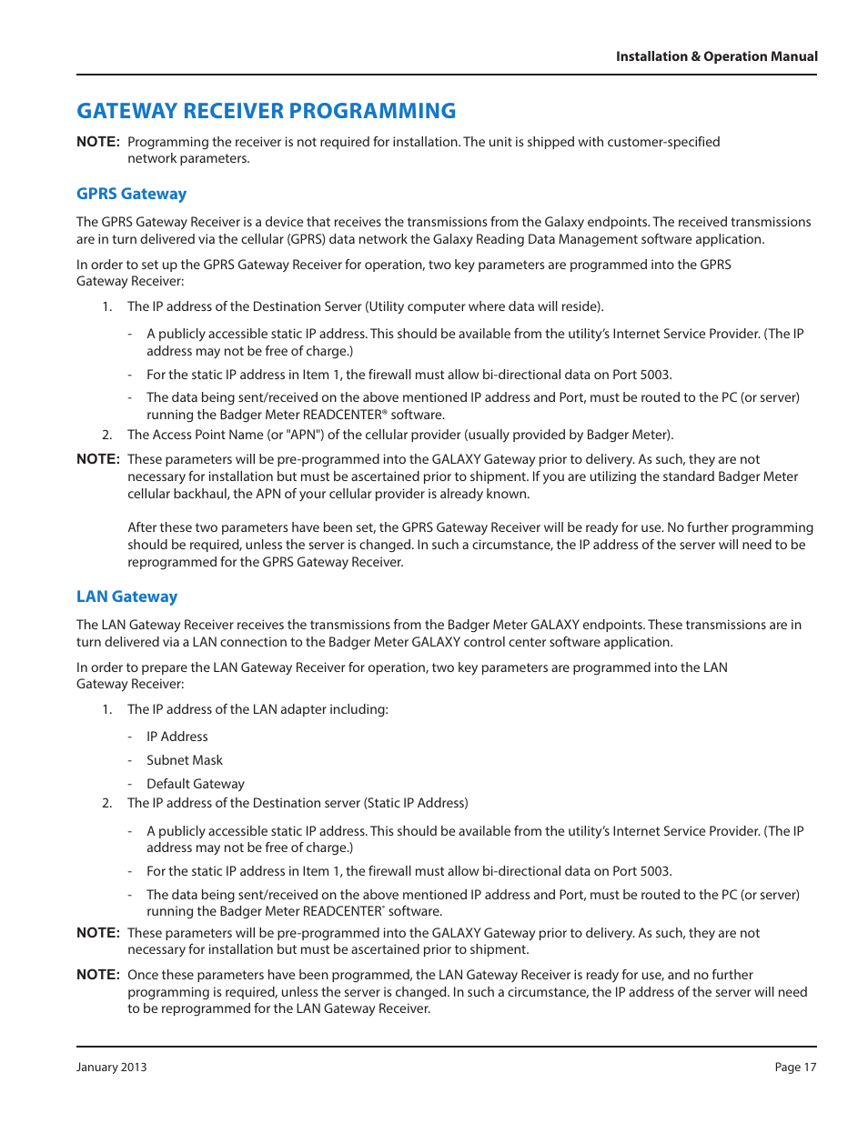 Gateway receiver programming, Gprs gateway, Lan gateway | Gprs gateway lan gateway | Badger Meter GALAXY User Manual | Page 17 / 20