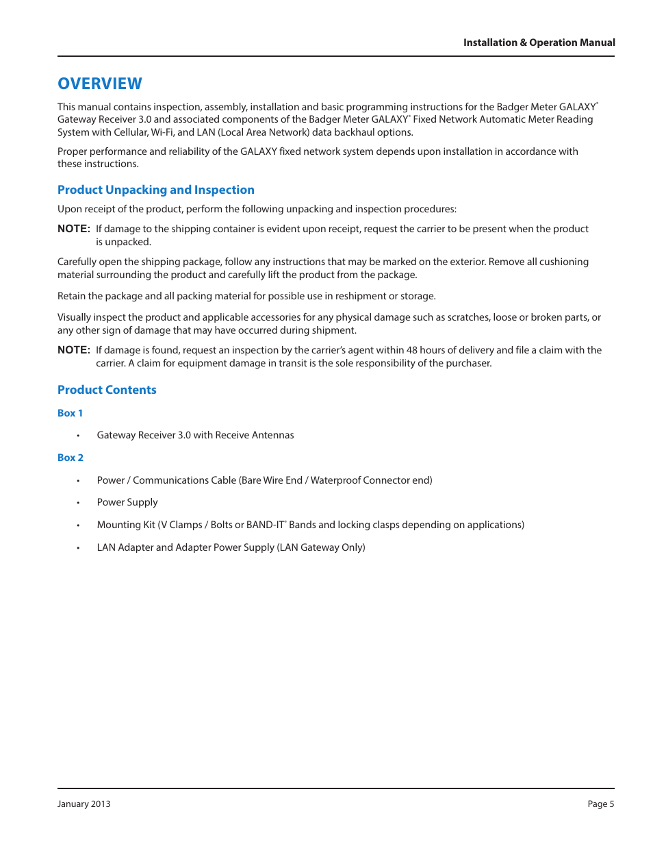 Overview, Product unpacking and inspection, Product contents | Product unpacking and inspection product contents | Badger Meter GALAXY User Manual | Page 5 / 20