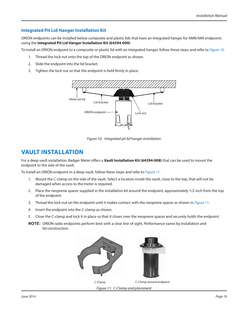 Integrated pit lid hanger installation kit, Vault installation | Badger Meter ORION Classic (CE) User Manual | Page 19 / 32