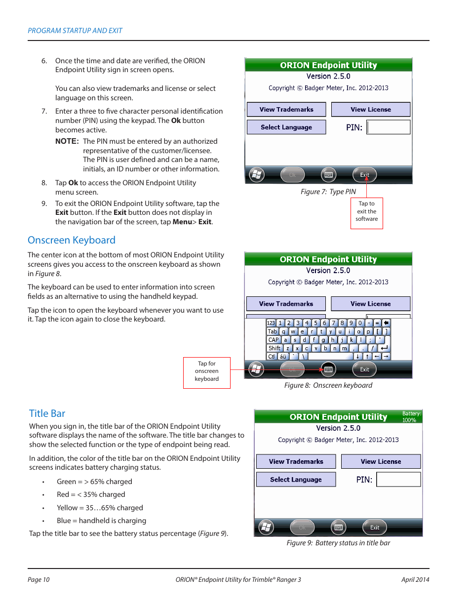 Onscreen keyboard, Title bar | Badger Meter ORION Classic (CE) User Manual | Page 10 / 80