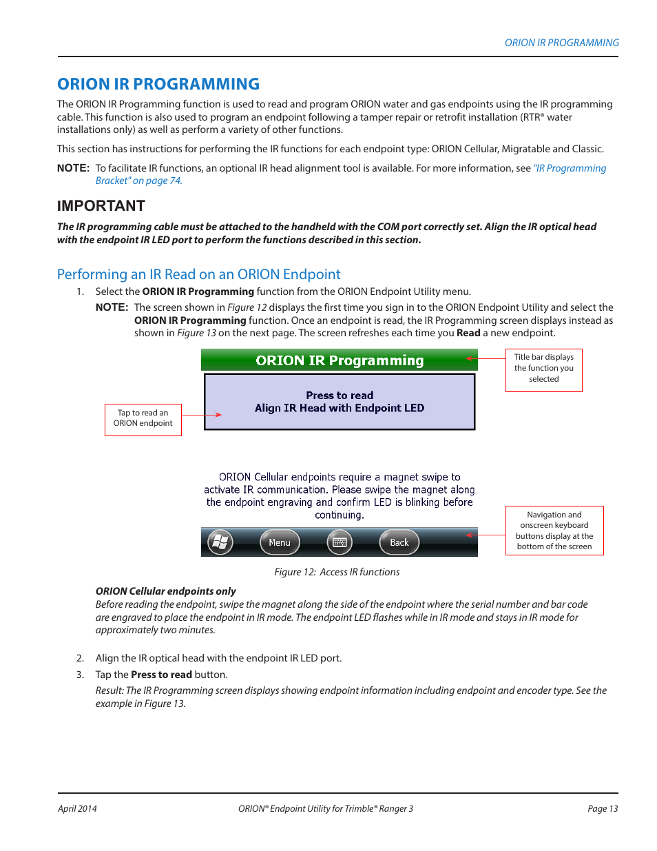 Orion ir programming, Performing an ir read on an orion endpoint, Imnootao i | Badger Meter ORION Classic (CE) User Manual | Page 13 / 80
