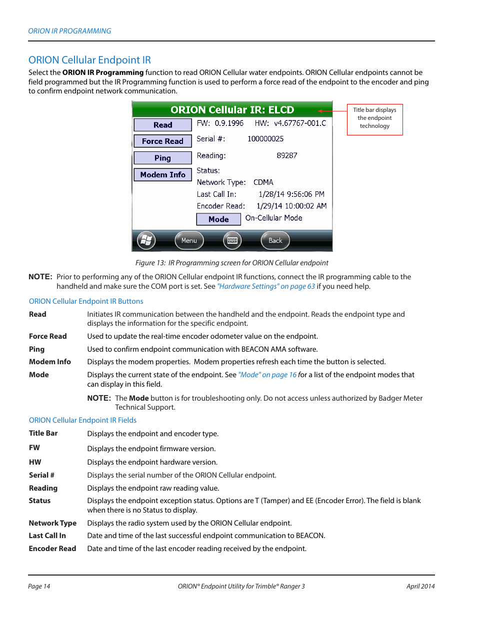 Orion cellular endpoint ir | Badger Meter ORION Classic (CE) User Manual | Page 14 / 80