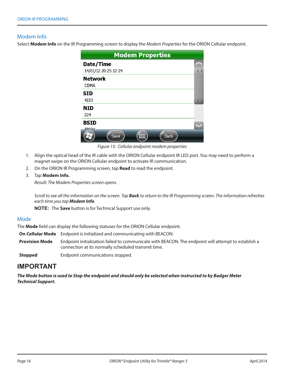 Modem info, Mode, Imnootao i | Badger Meter ORION Classic (CE) User Manual | Page 16 / 80