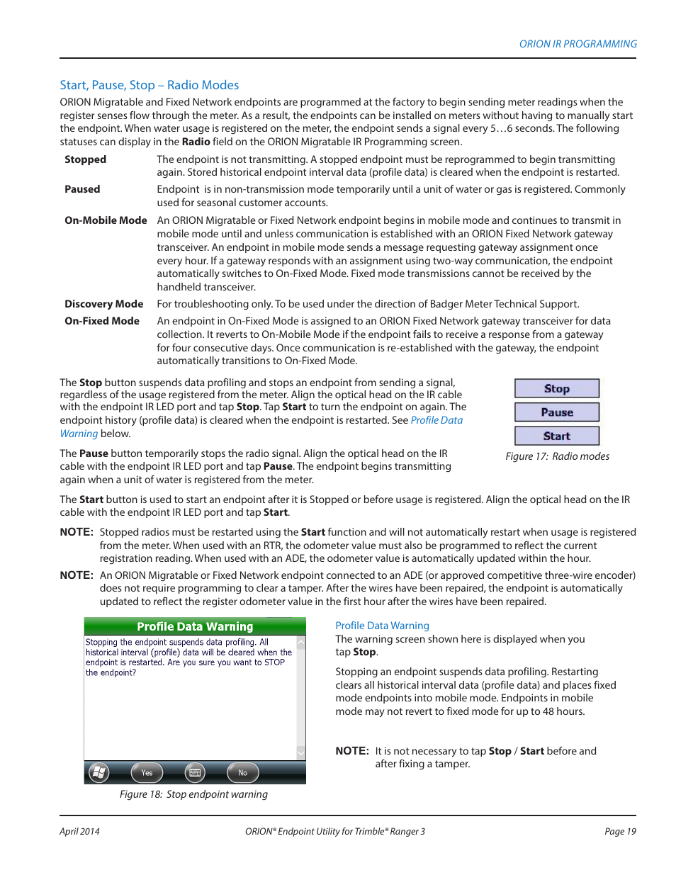 Start, pause, stop – radio modes | Badger Meter ORION Classic (CE) User Manual | Page 19 / 80