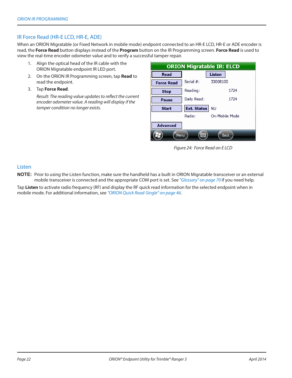 Ir force read (hr-e lcd, hr-e, ade), Listen | Badger Meter ORION Classic (CE) User Manual | Page 22 / 80