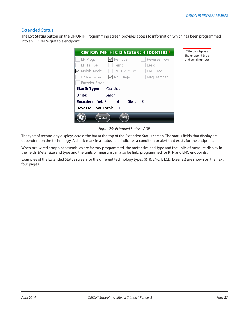 Extended status | Badger Meter ORION Classic (CE) User Manual | Page 23 / 80