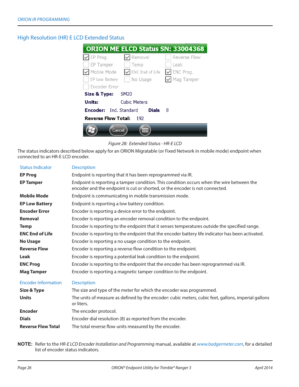 High resolution (hr) e lcd extended status | Badger Meter ORION Classic (CE) User Manual | Page 26 / 80