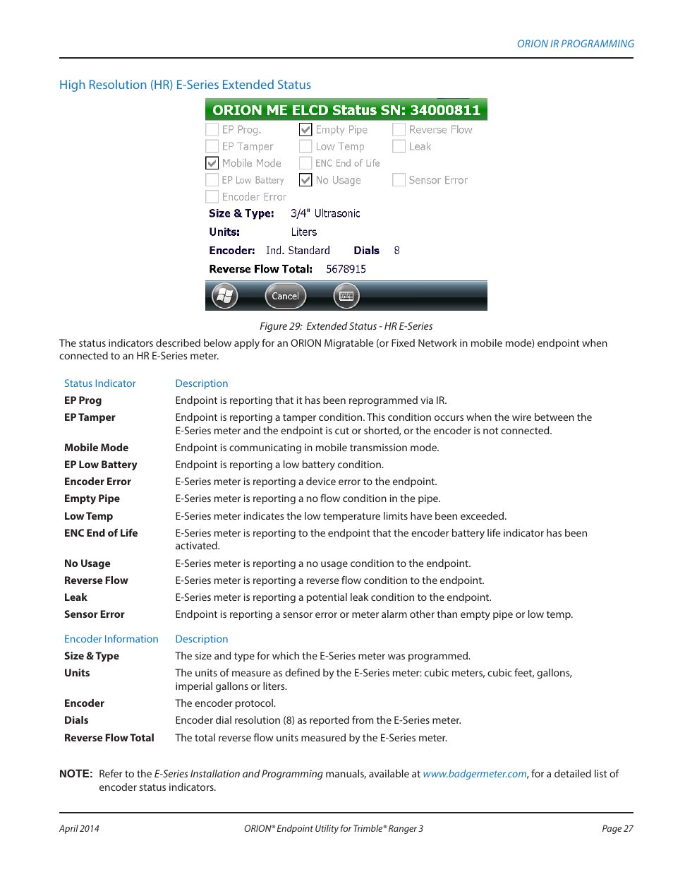 High resolution (hr) e-series extended status | Badger Meter ORION Classic (CE) User Manual | Page 27 / 80