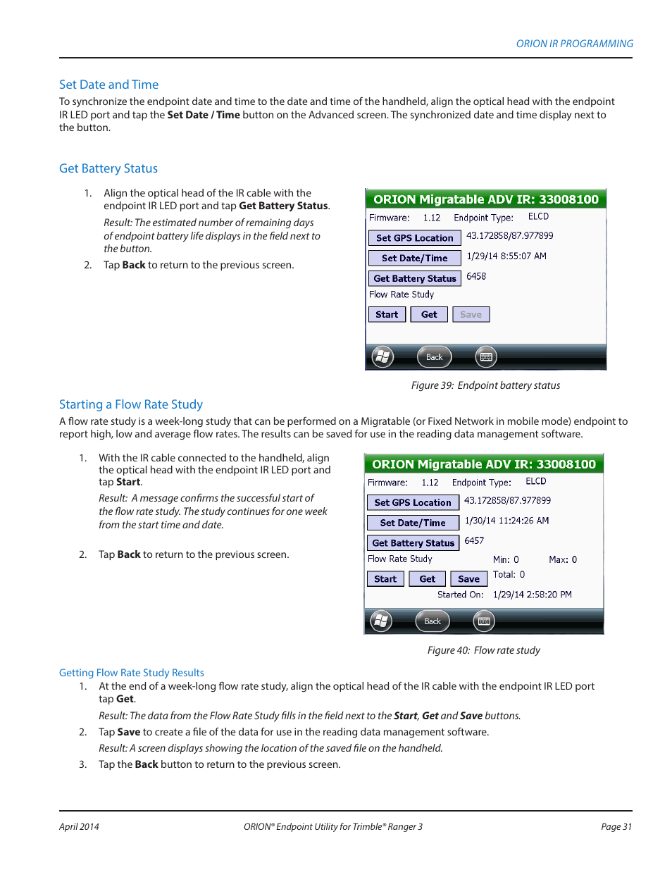 Set date and time, Get battery status, Starting a flow rate study | Badger Meter ORION Classic (CE) User Manual | Page 31 / 80