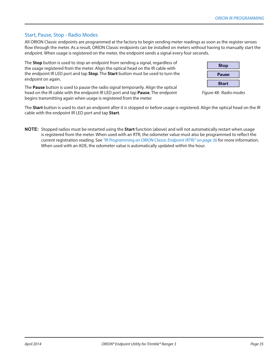 Start, pause, stop - radio modes | Badger Meter ORION Classic (CE) User Manual | Page 35 / 80