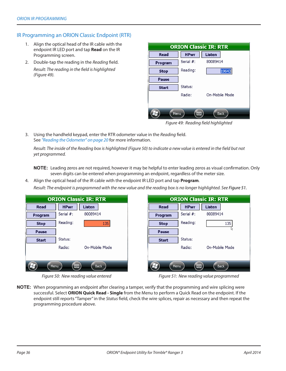 Ir programming an orion classic endpoint (rtr) | Badger Meter ORION Classic (CE) User Manual | Page 36 / 80