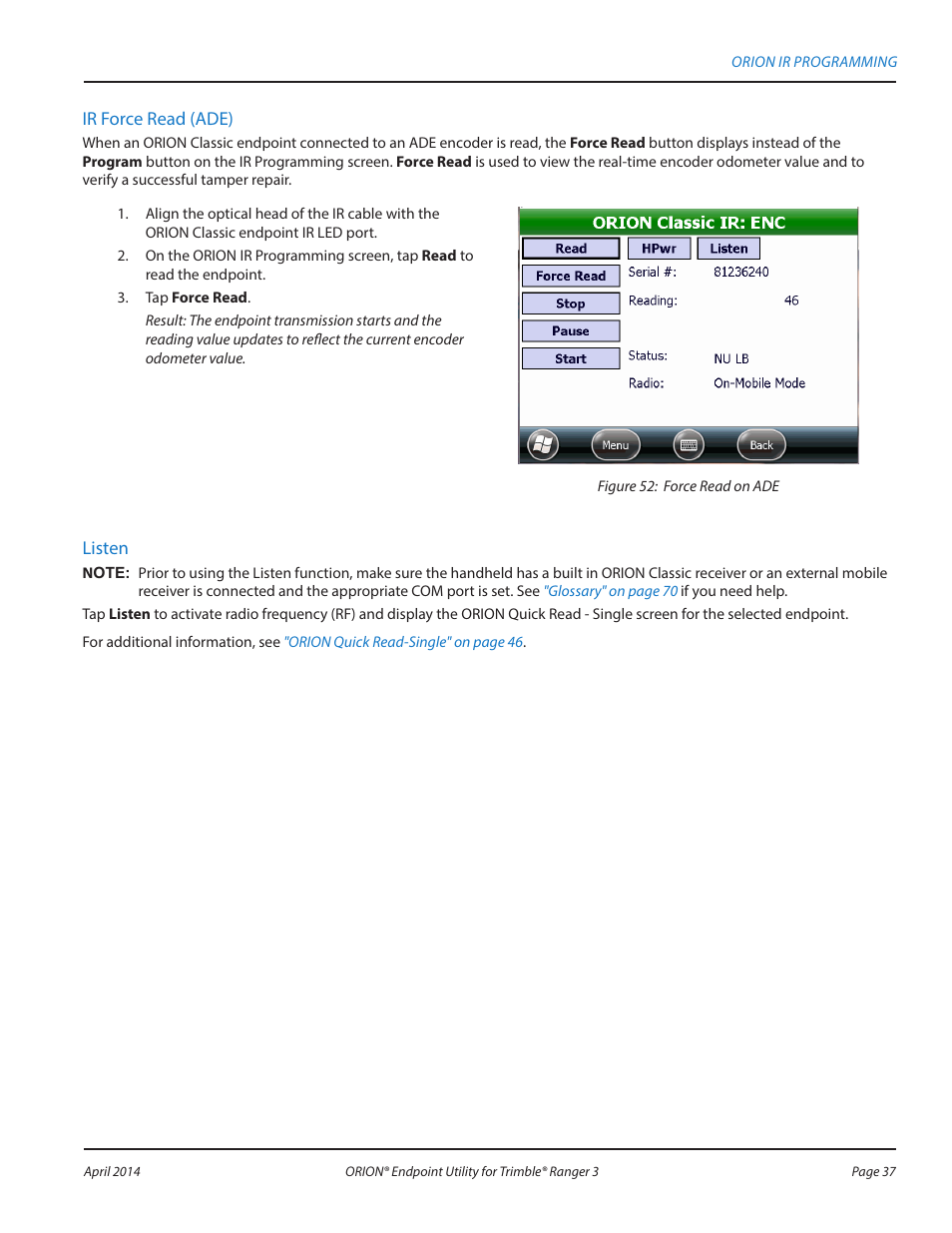 Ir force read (ade), Listen | Badger Meter ORION Classic (CE) User Manual | Page 37 / 80