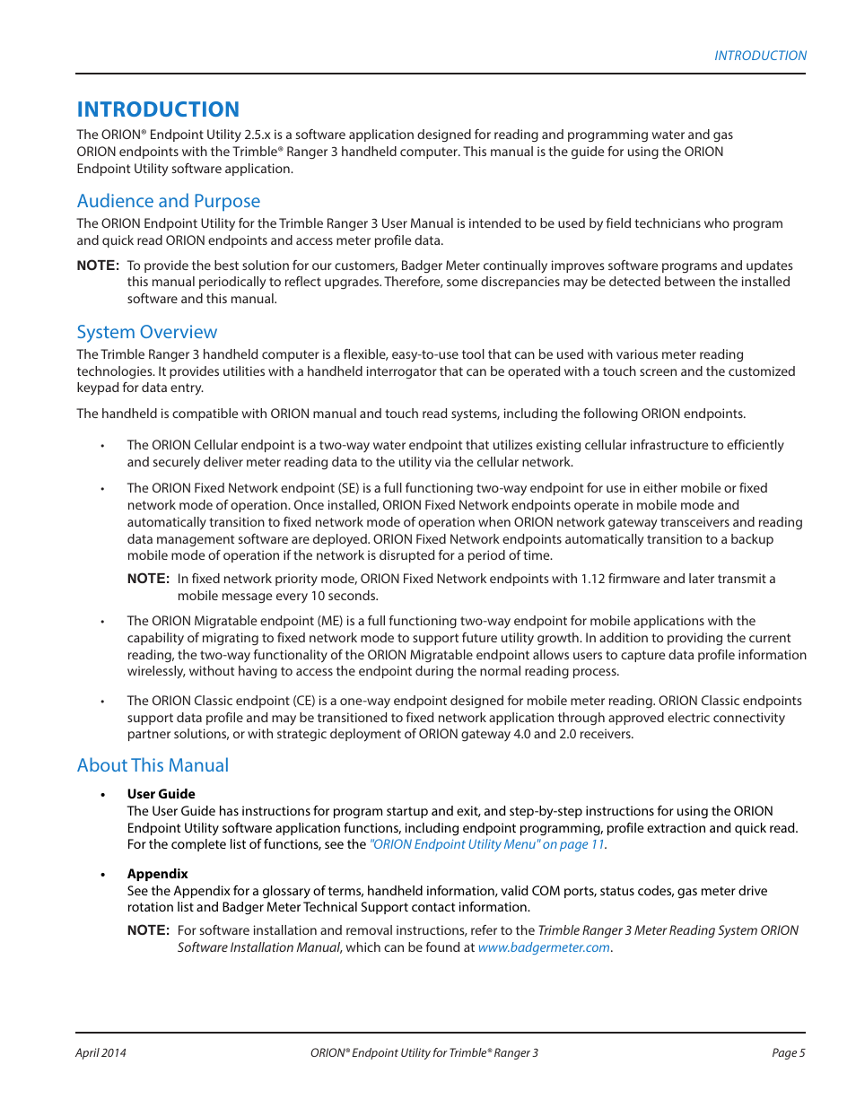 Introduction, Audience and purpose, System overview | About this manual | Badger Meter ORION Classic (CE) User Manual | Page 5 / 80
