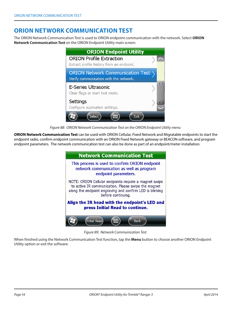 Orion network communication test, Tion, see, Orion network communication | Badger Meter ORION Classic (CE) User Manual | Page 54 / 80