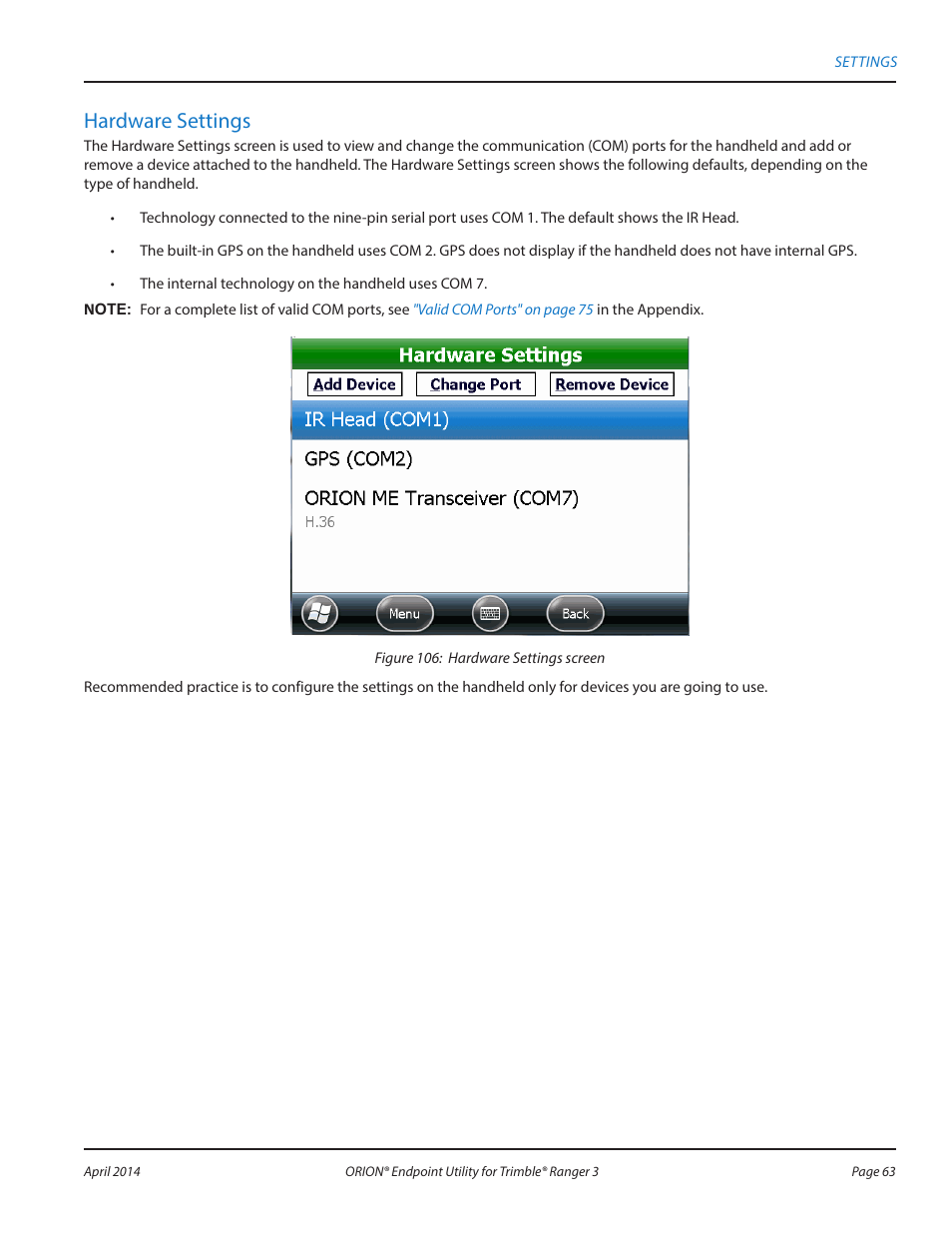 Hardware settings, Hardware | Badger Meter ORION Classic (CE) User Manual | Page 63 / 80