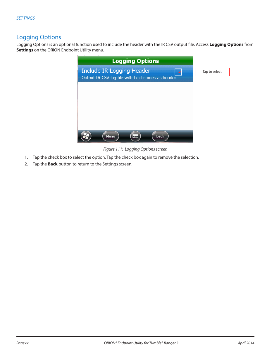 Logging options | Badger Meter ORION Classic (CE) User Manual | Page 66 / 80