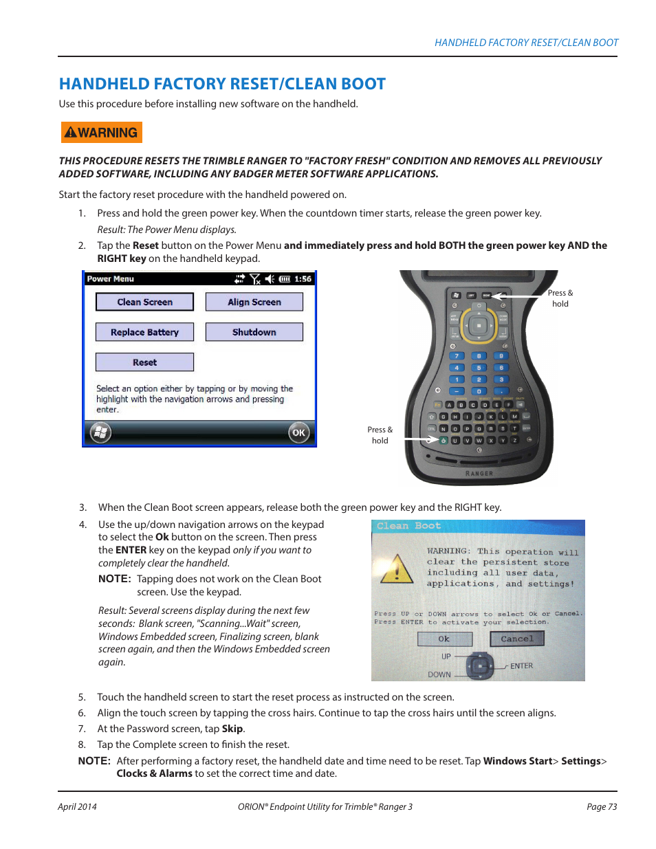 Handheld factory reset/clean boot | Badger Meter ORION Classic (CE) User Manual | Page 73 / 80