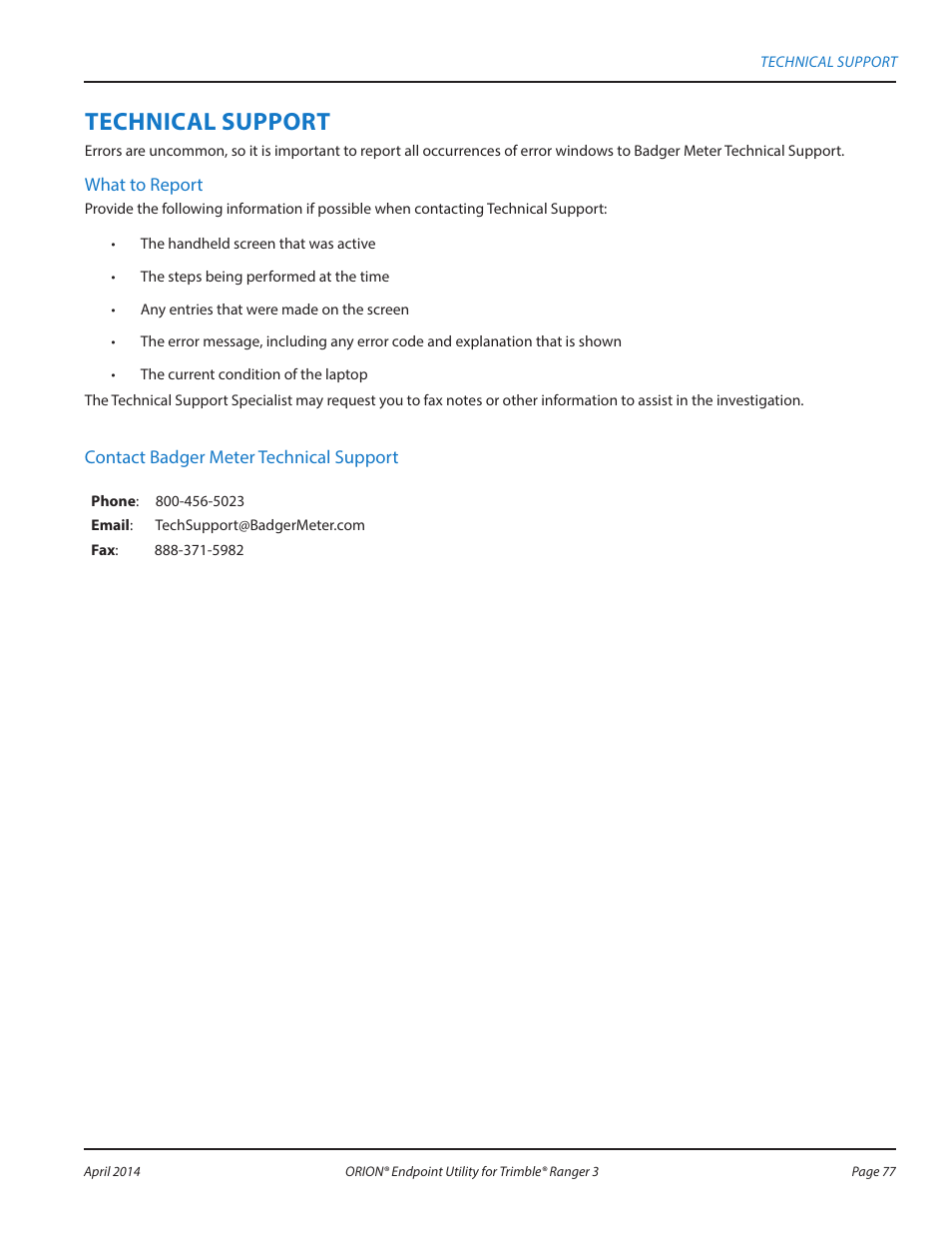 Technical support | Badger Meter ORION Classic (CE) User Manual | Page 77 / 80