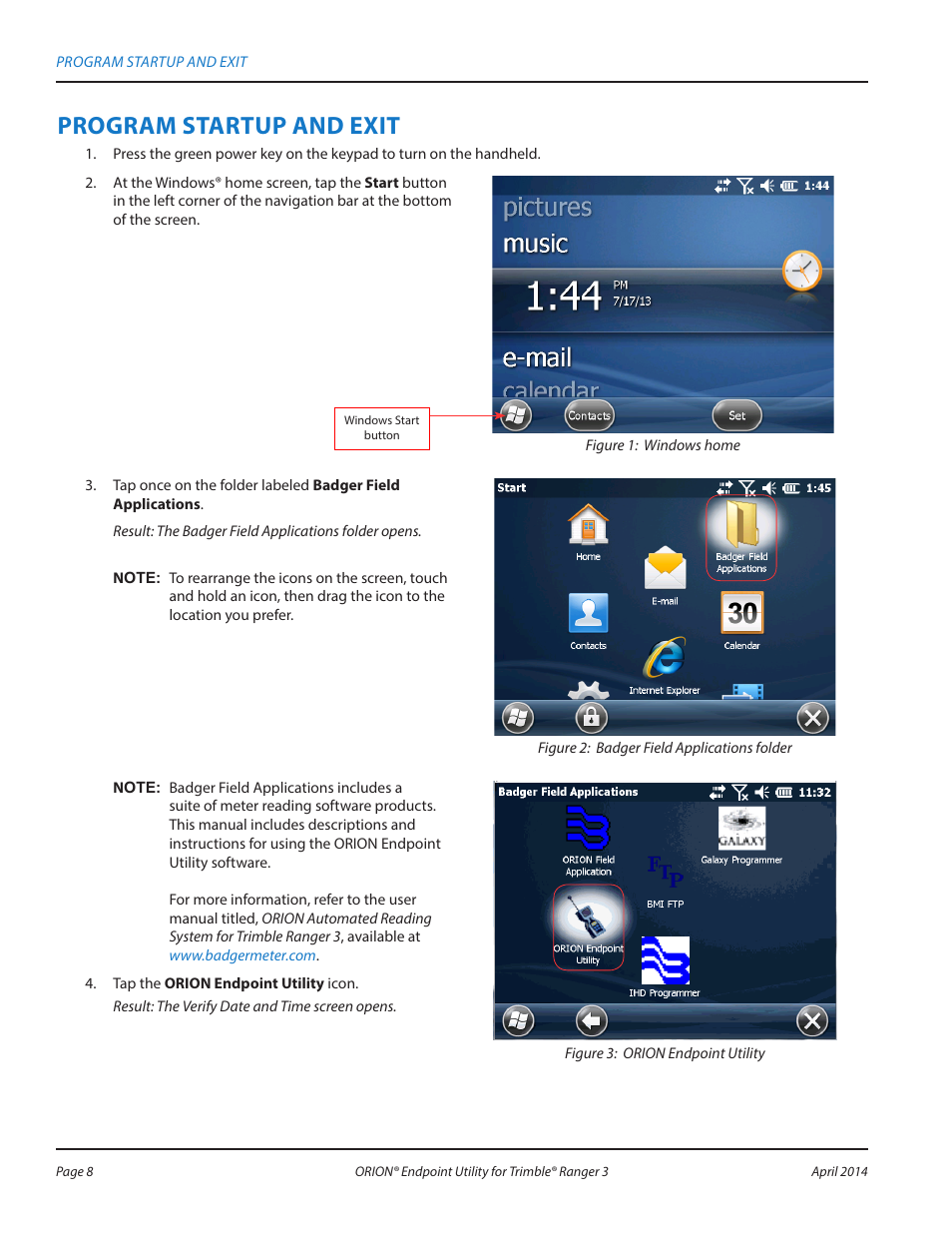 Program startup and exit | Badger Meter ORION Classic (CE) User Manual | Page 8 / 80