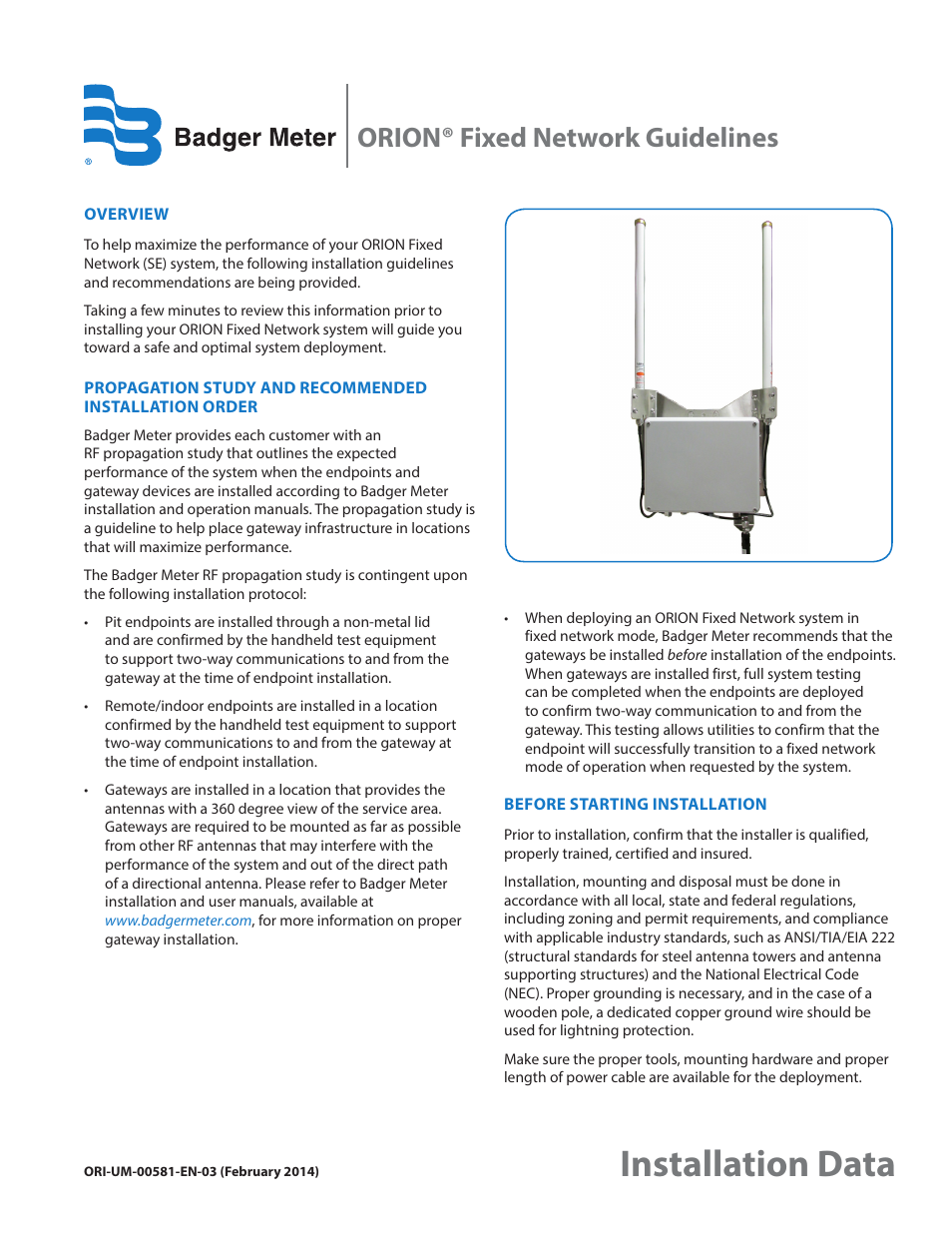 Badger Meter ORION Fixed Network (SE) User Manual | 4 pages