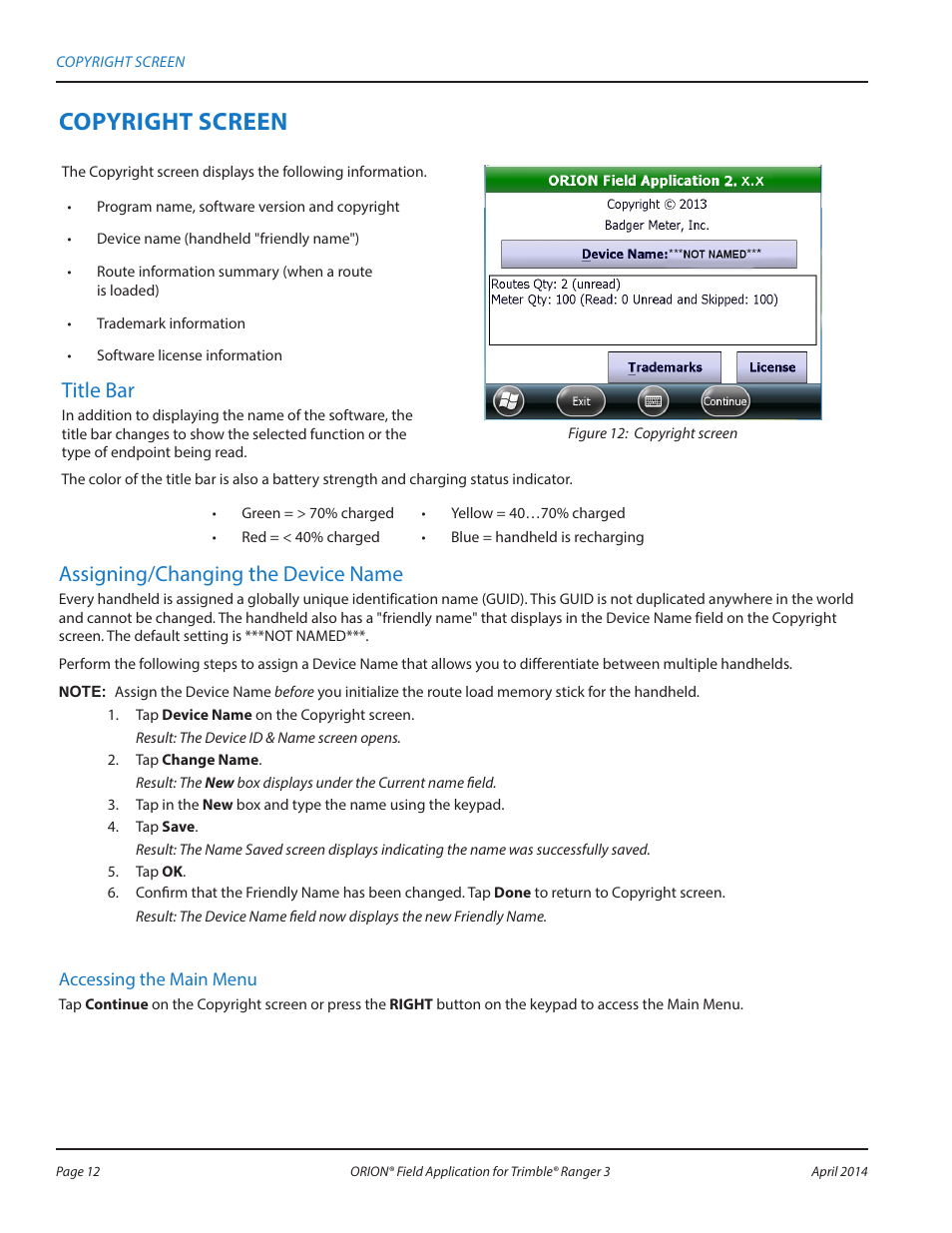 Copyright screen, Title bar, Assigning/changing the device name | Badger Meter ORION AMR/AMI Hardware Solutions for Gas Utilities User Manual | Page 12 / 96