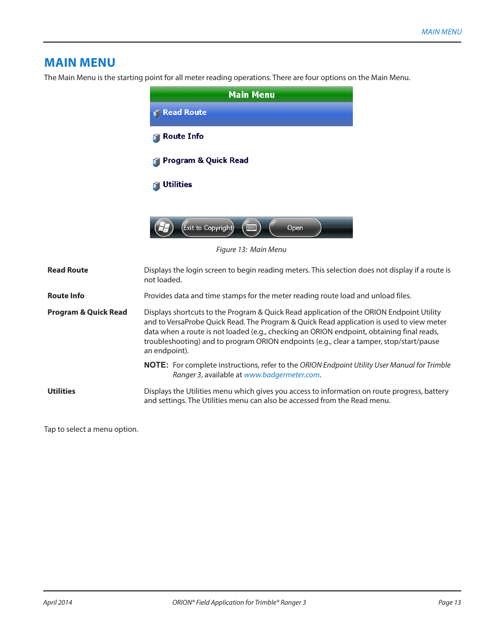 Main menu | Badger Meter ORION AMR/AMI Hardware Solutions for Gas Utilities User Manual | Page 13 / 96