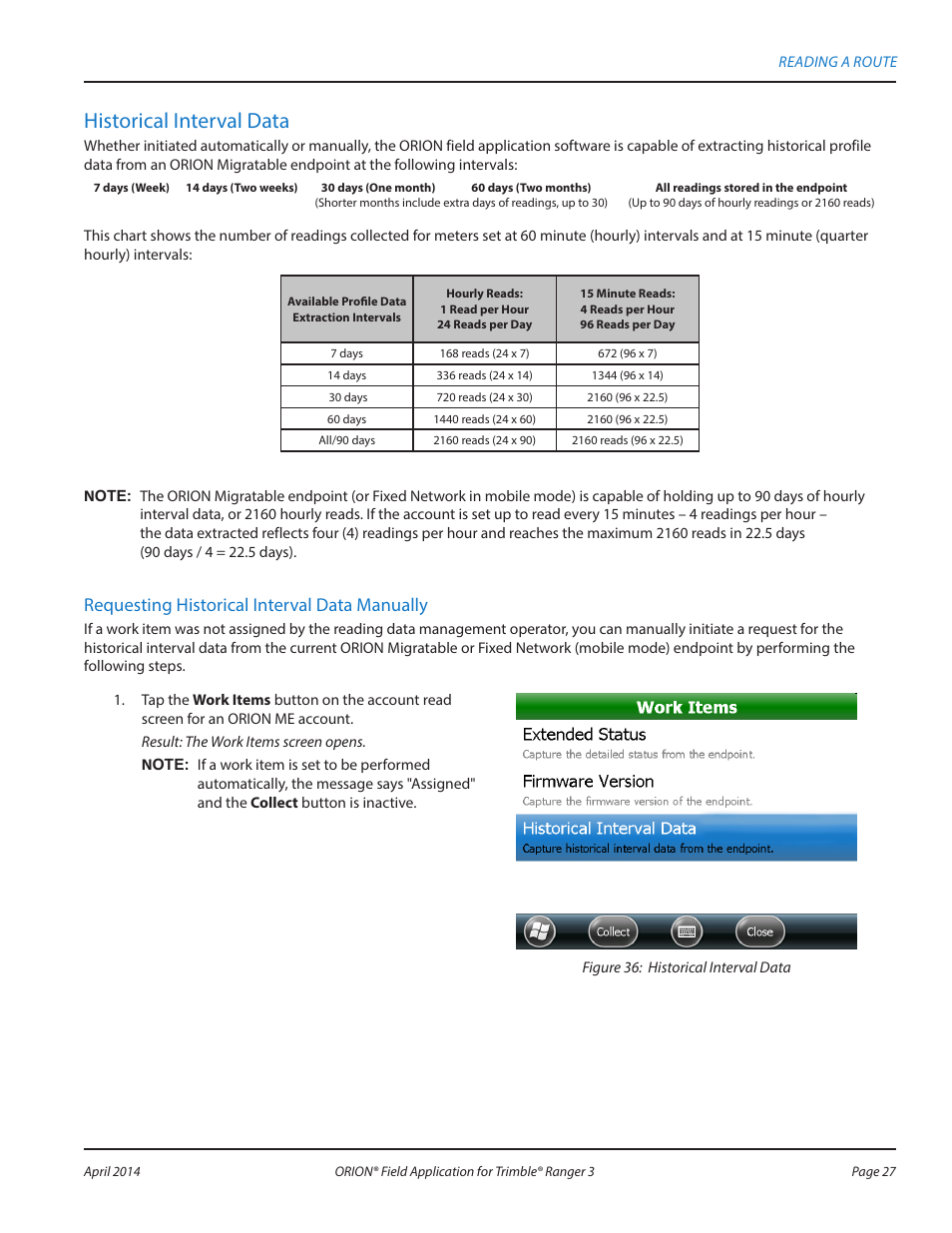 Requesting historical interval data manually, Historical interval data | Badger Meter ORION AMR/AMI Hardware Solutions for Gas Utilities User Manual | Page 27 / 96
