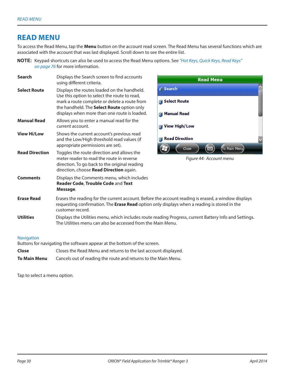 Read menu | Badger Meter ORION AMR/AMI Hardware Solutions for Gas Utilities User Manual | Page 30 / 96