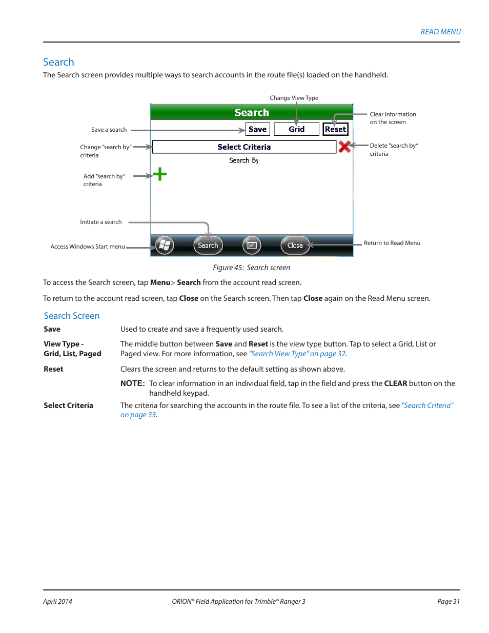 Search, Search screen | Badger Meter ORION AMR/AMI Hardware Solutions for Gas Utilities User Manual | Page 31 / 96