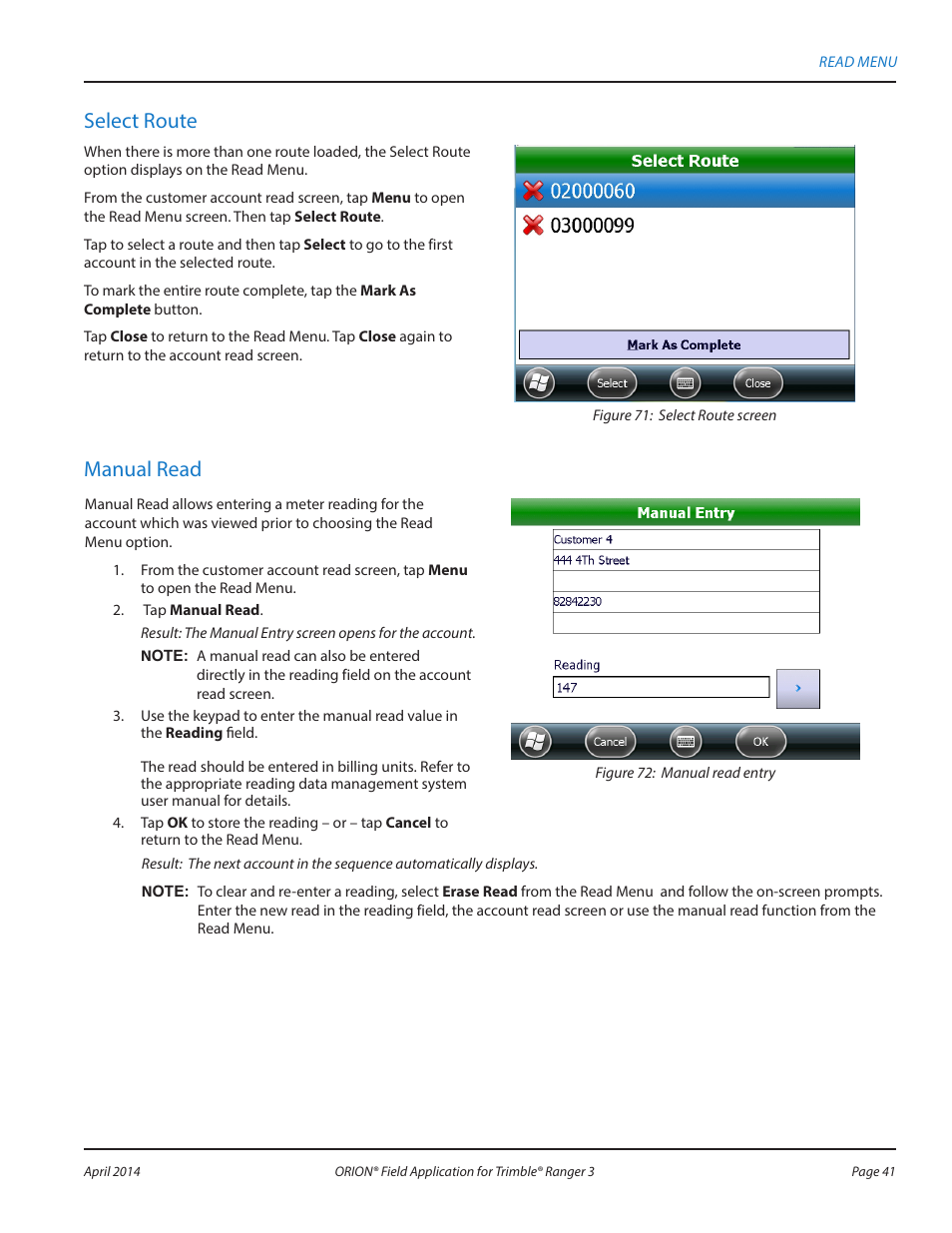 Manual read, Select route | Badger Meter ORION AMR/AMI Hardware Solutions for Gas Utilities User Manual | Page 41 / 96