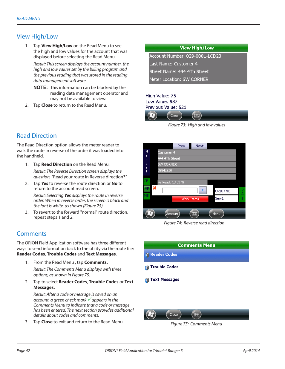 Comments, Read direction, View high/low | Badger Meter ORION AMR/AMI Hardware Solutions for Gas Utilities User Manual | Page 42 / 96