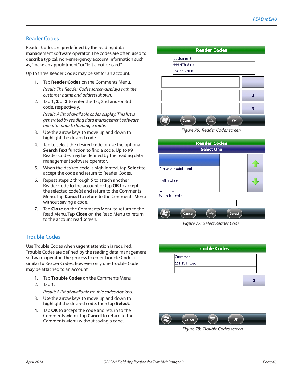 Reader codes, Trouble codes | Badger Meter ORION AMR/AMI Hardware Solutions for Gas Utilities User Manual | Page 43 / 96