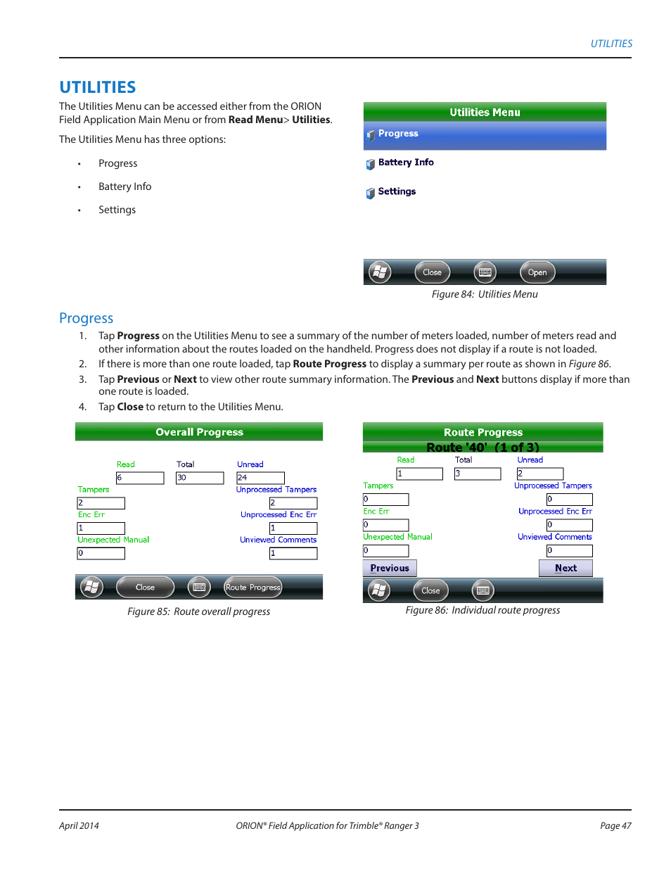 Utilities, Progress | Badger Meter ORION AMR/AMI Hardware Solutions for Gas Utilities User Manual | Page 47 / 96