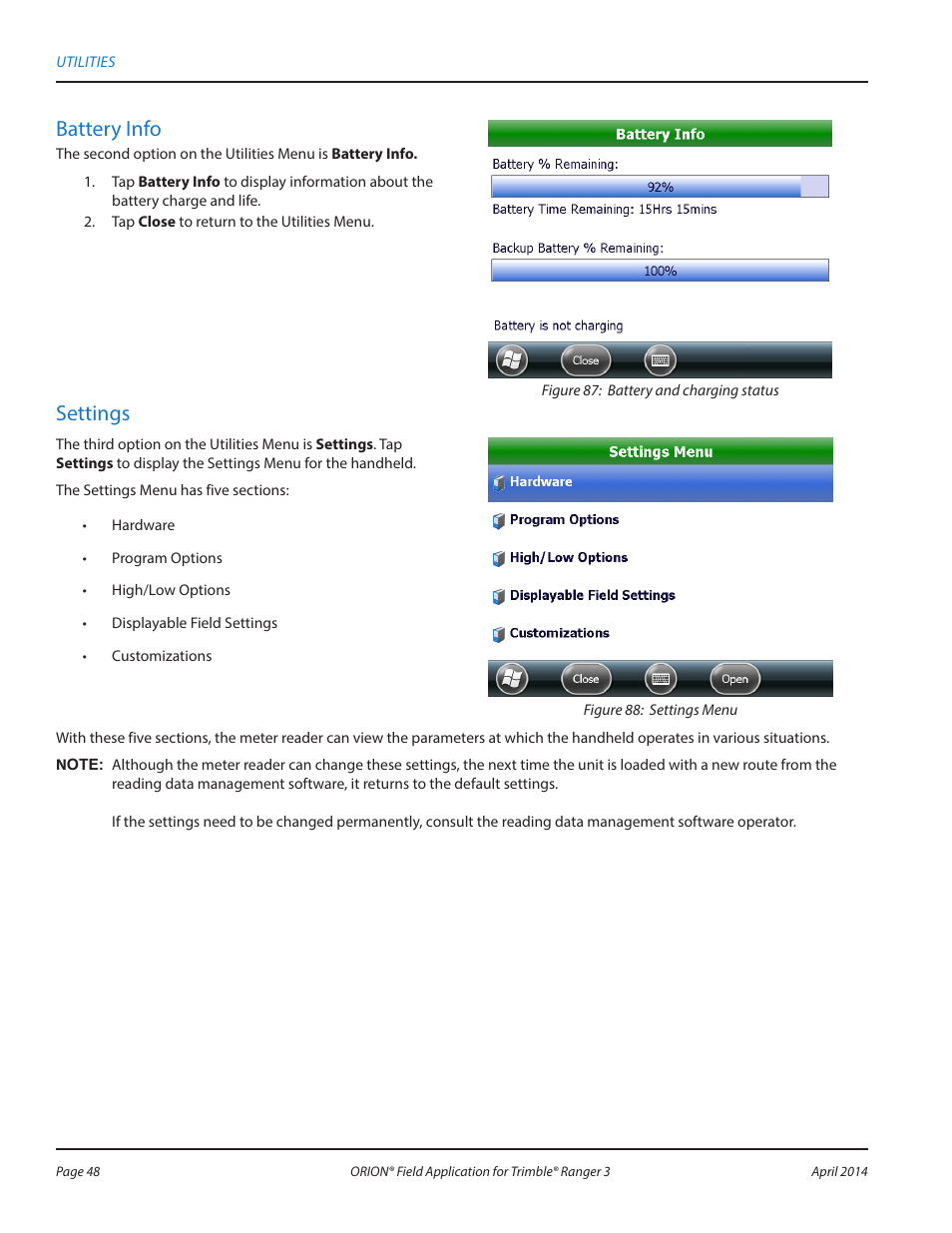 Battery info, Settings | Badger Meter ORION AMR/AMI Hardware Solutions for Gas Utilities User Manual | Page 48 / 96