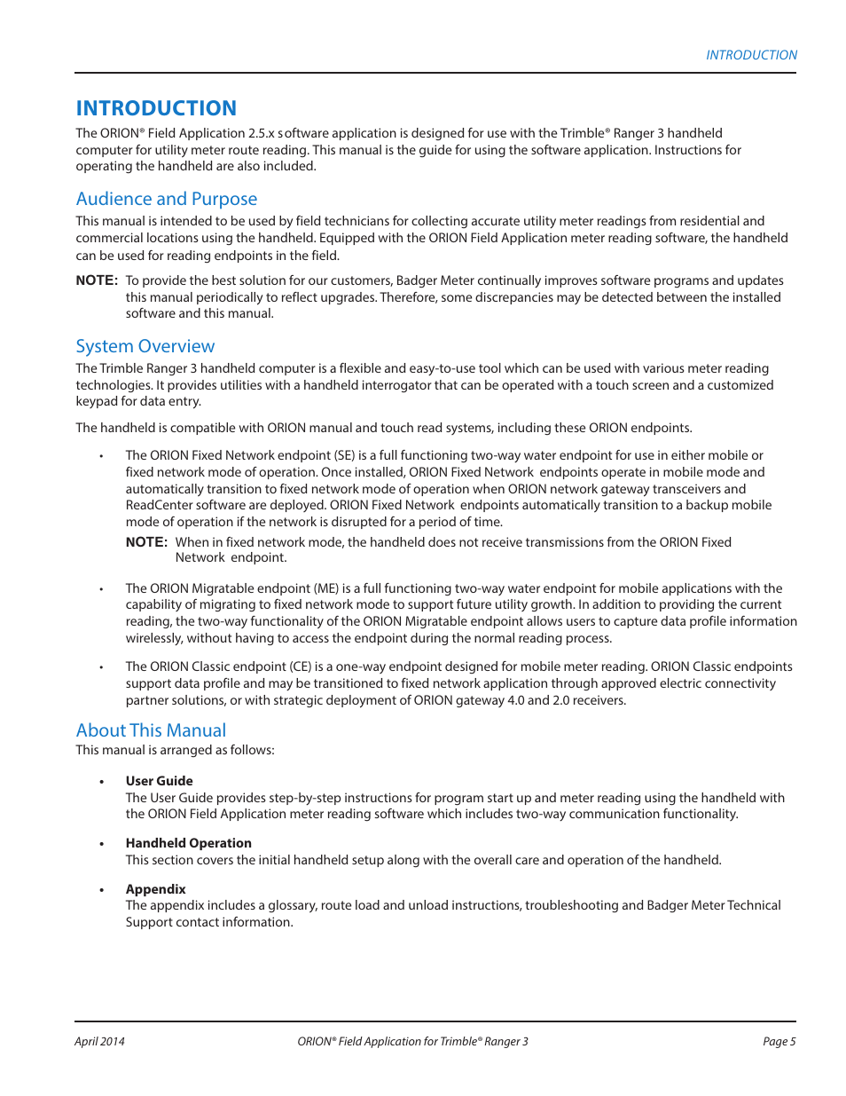 Introduction, Audience and purpose, System overview | About this manual | Badger Meter ORION AMR/AMI Hardware Solutions for Gas Utilities User Manual | Page 5 / 96