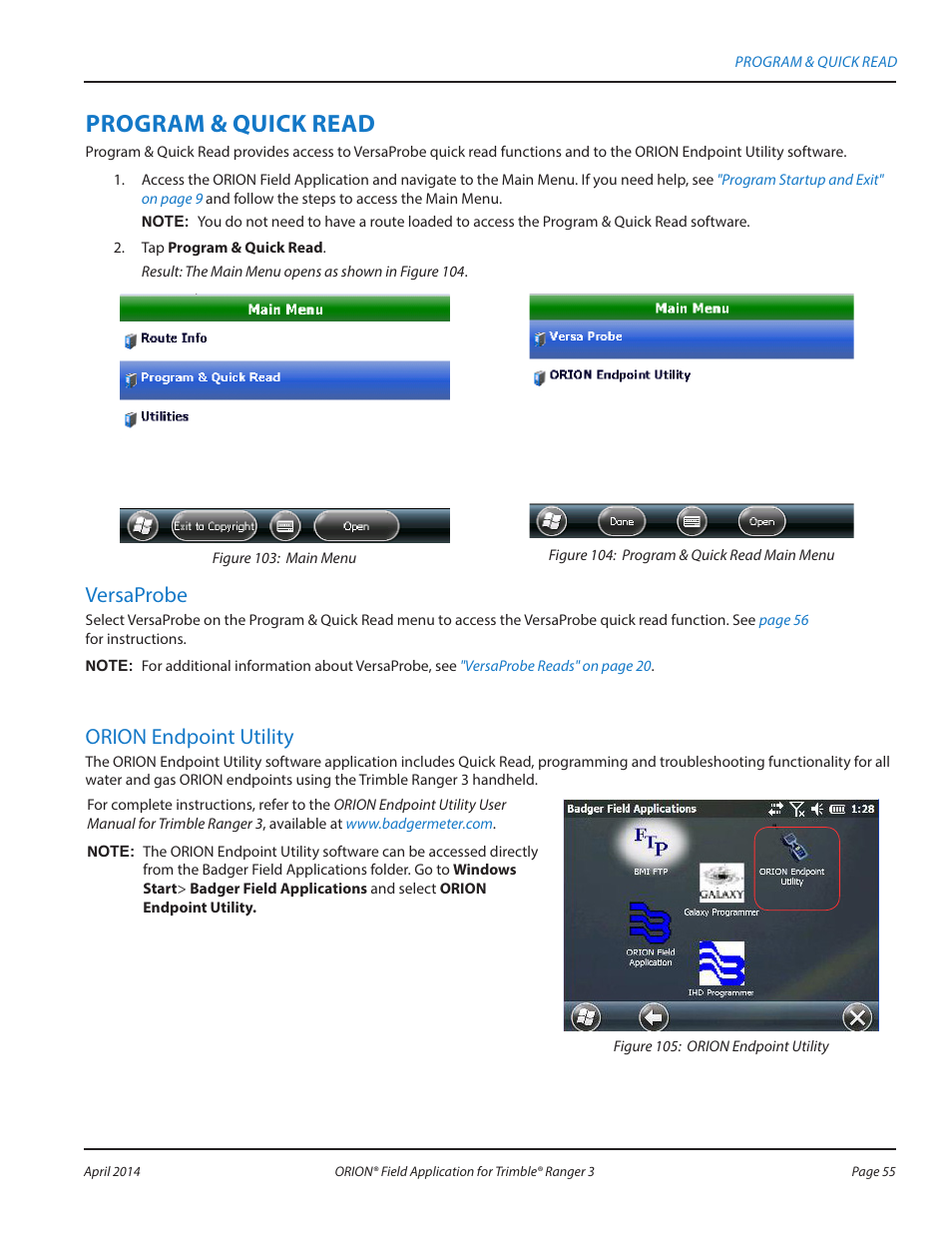 Program & quick read, Versaprobe, Orion endpoint utility | Badger Meter ORION AMR/AMI Hardware Solutions for Gas Utilities User Manual | Page 55 / 96