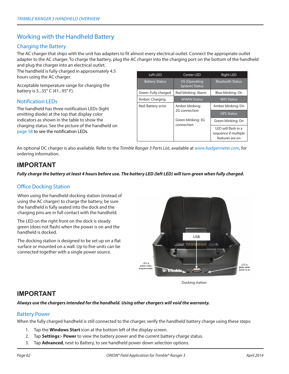 Working with the handheld battery, Imnootao i, Charging the battery | Notification leds, Office docking station, Battery power | Badger Meter ORION AMR/AMI Hardware Solutions for Gas Utilities User Manual | Page 62 / 96