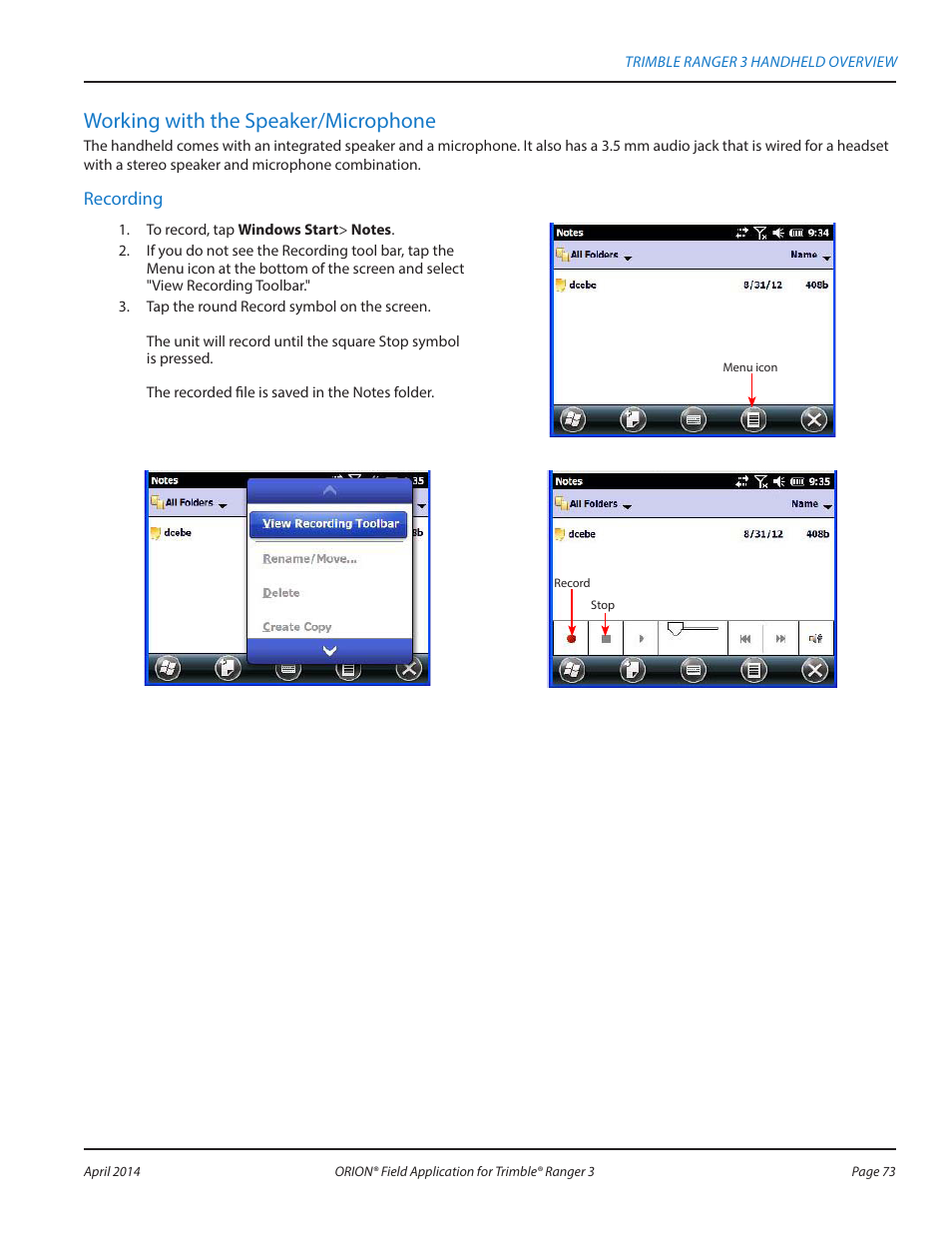 Working with the speaker/microphone | Badger Meter ORION AMR/AMI Hardware Solutions for Gas Utilities User Manual | Page 73 / 96