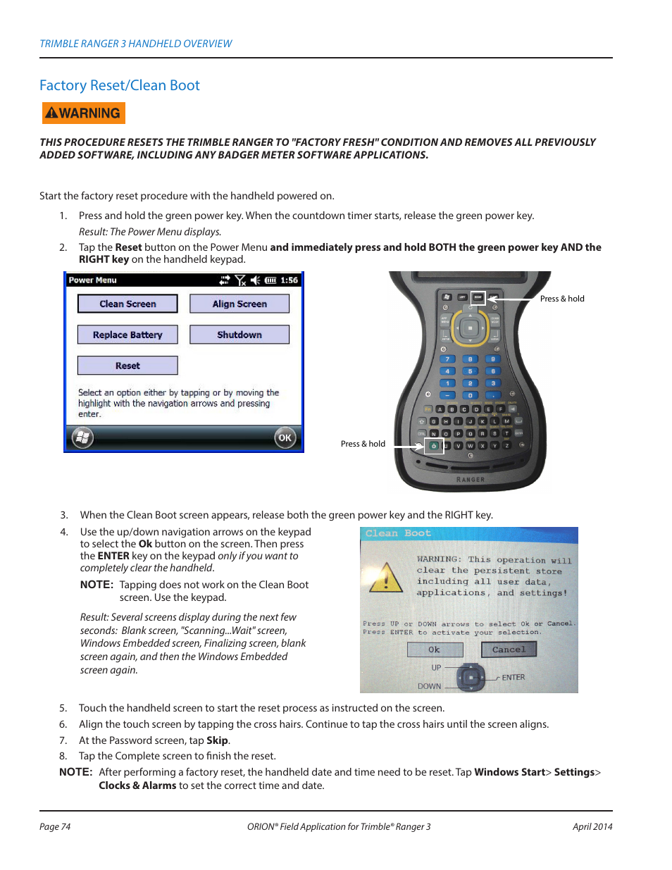 Factory reset/clean boot | Badger Meter ORION AMR/AMI Hardware Solutions for Gas Utilities User Manual | Page 74 / 96