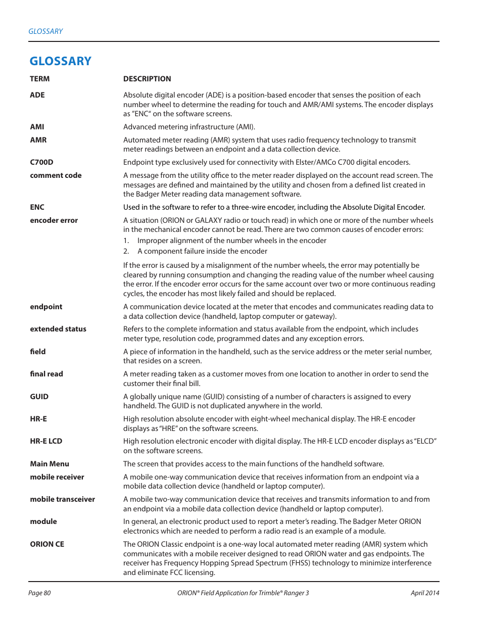 Glossary | Badger Meter ORION AMR/AMI Hardware Solutions for Gas Utilities User Manual | Page 80 / 96