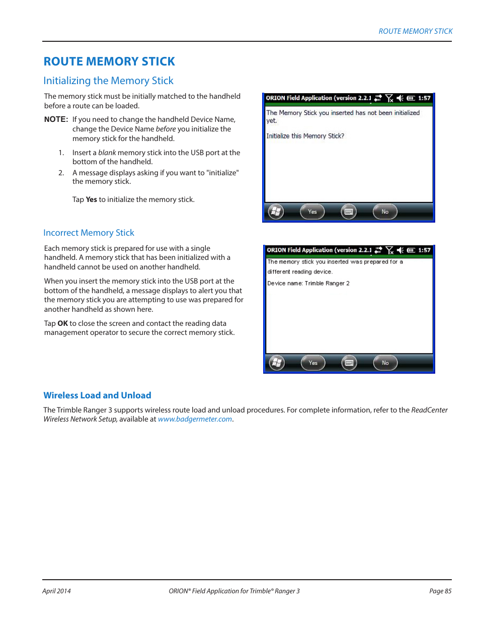 Route memory stick | Badger Meter ORION AMR/AMI Hardware Solutions for Gas Utilities User Manual | Page 85 / 96