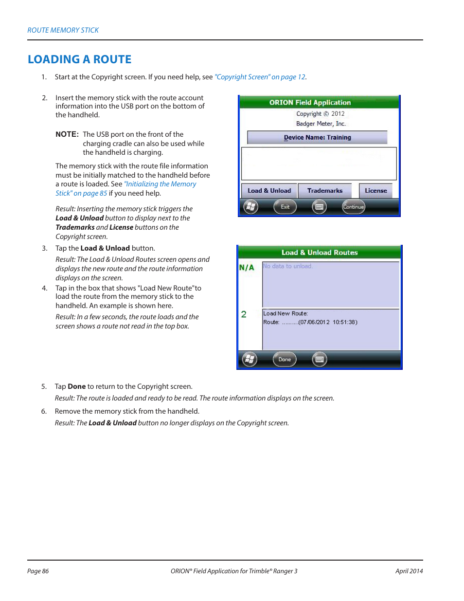Loading a route | Badger Meter ORION AMR/AMI Hardware Solutions for Gas Utilities User Manual | Page 86 / 96