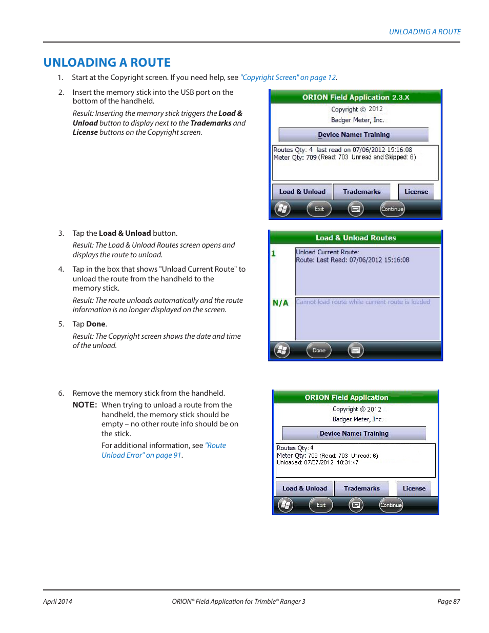 Unloading a route | Badger Meter ORION AMR/AMI Hardware Solutions for Gas Utilities User Manual | Page 87 / 96
