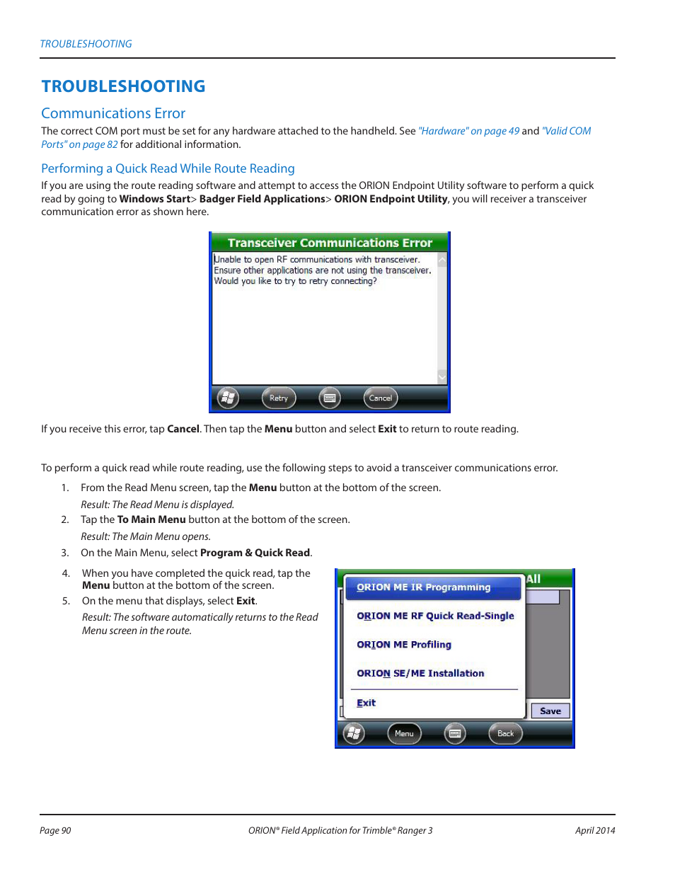 Troubleshooting, Communications error | Badger Meter ORION AMR/AMI Hardware Solutions for Gas Utilities User Manual | Page 90 / 96